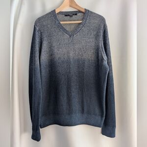 Guess Cotton Cashmere Blue Fade Knit Mini Rib Pullover Sweater V-Neck - XL